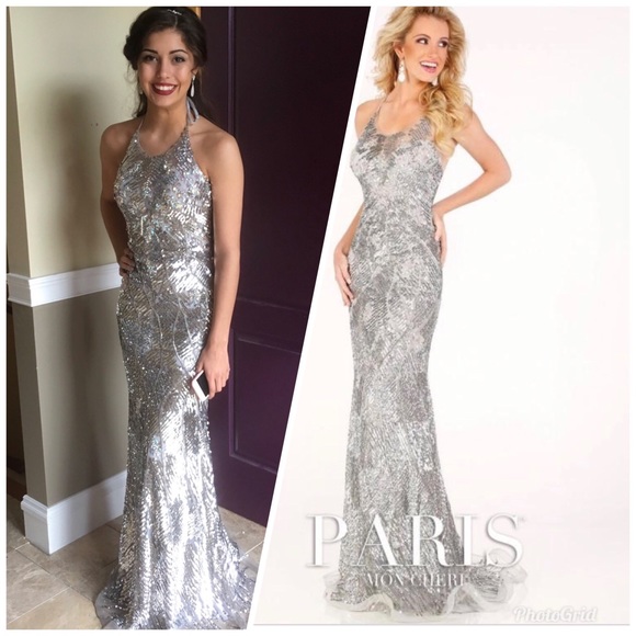Mon Cheri Dresses & Skirts - Mon Cheri Silver Sequined Prom Dress